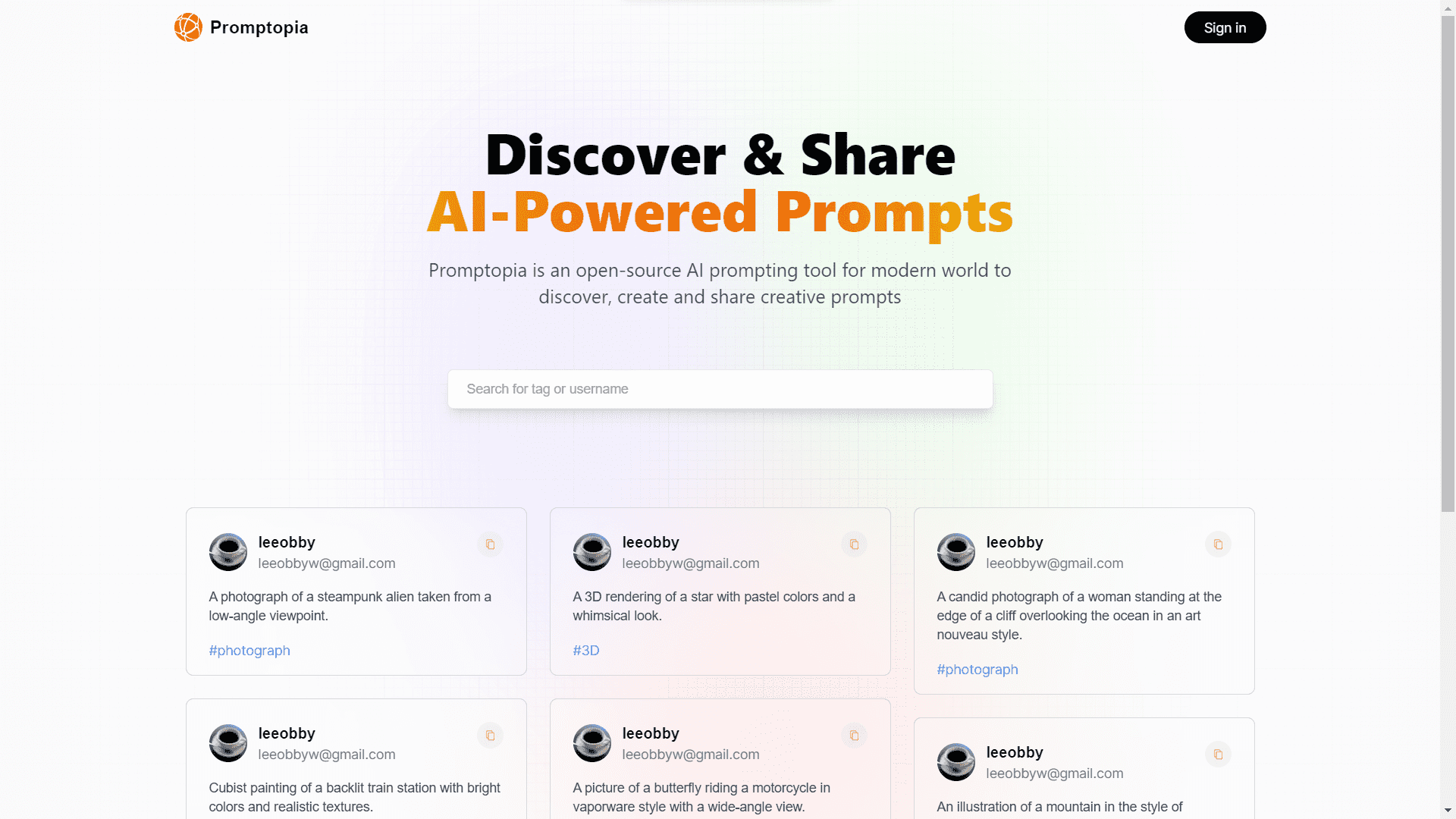 Screenshot of Promptopia