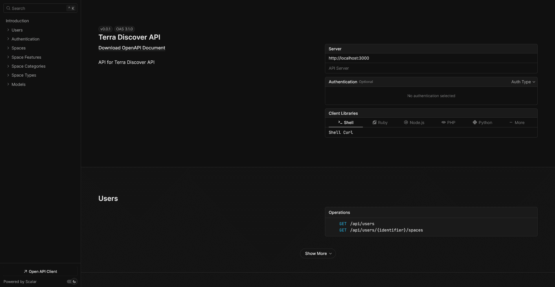 Screenshot of Terra discover api